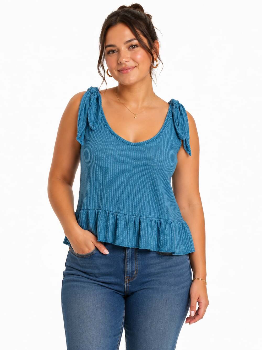 moa moa Women's Ribbed Knit Peplum Tank Top with Tie Shoulders